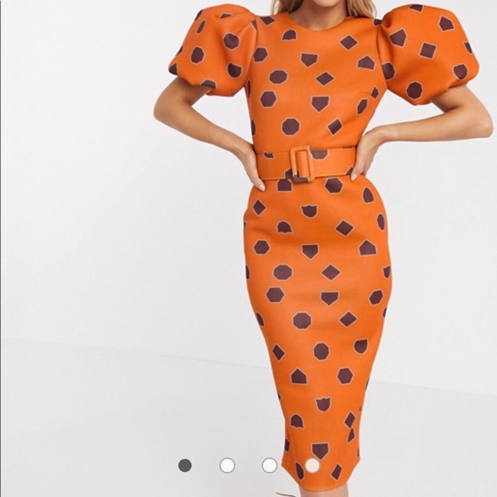 puff sleeve geometric print belted midi dress
